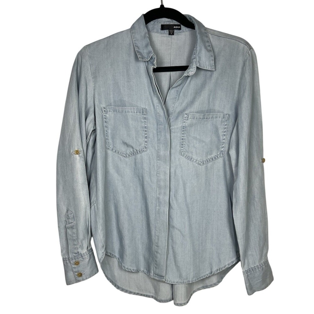 Aqua Chambray Tencel Button Up Blouse Small Hidden‎ Placket